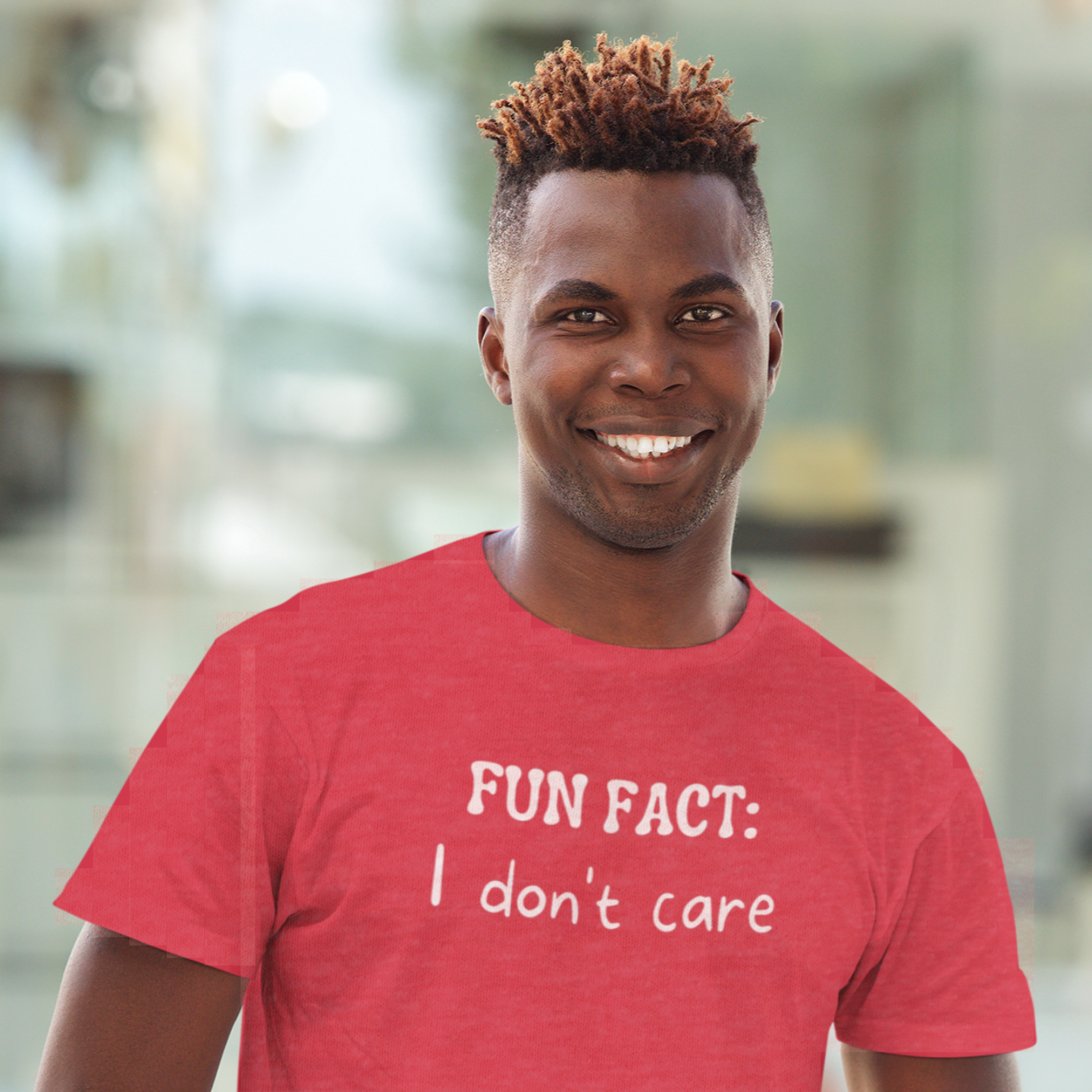 Activewear-funny-tee-featuring-smiling-man-Fun-Fact-I-Don't-Care