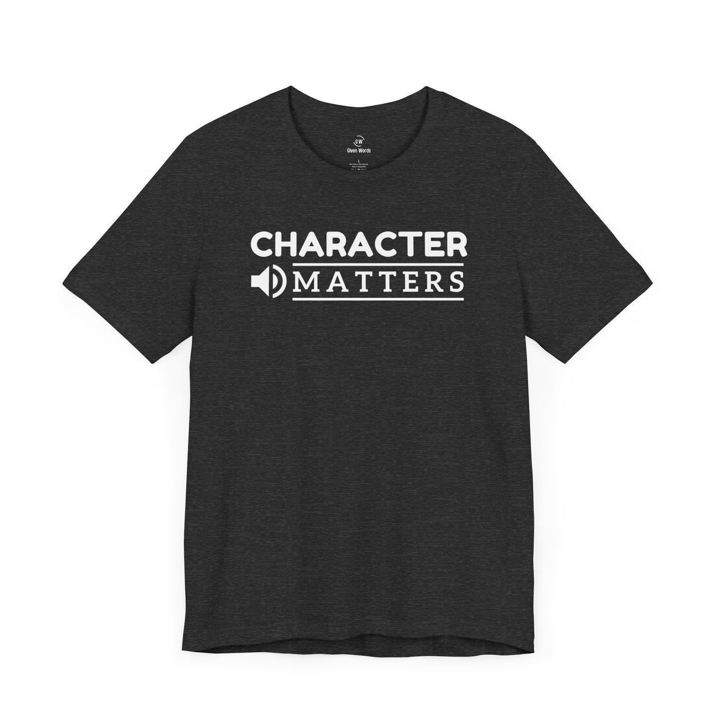 Motivational gym shirt with text Character Matters is perfect for workout, dark grey heather almost black color, by given words online gym t-shirt store