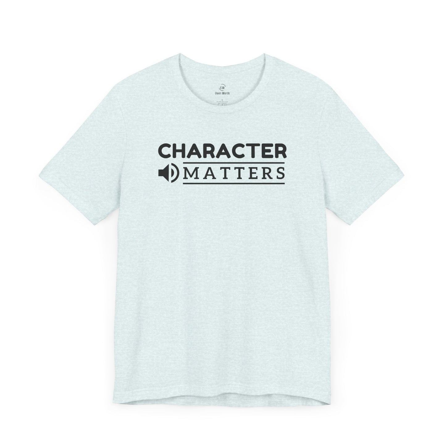 Motivational gym shirt with text Character Matters in heather ice light blue the perfect lifting shirt displayed by given words online workout shirts