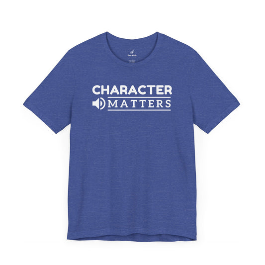 Motivational workout shirt with text Character Matters is perfect for the gym and general exercise, in heather royal blue, displayed by given words online t-shirt store