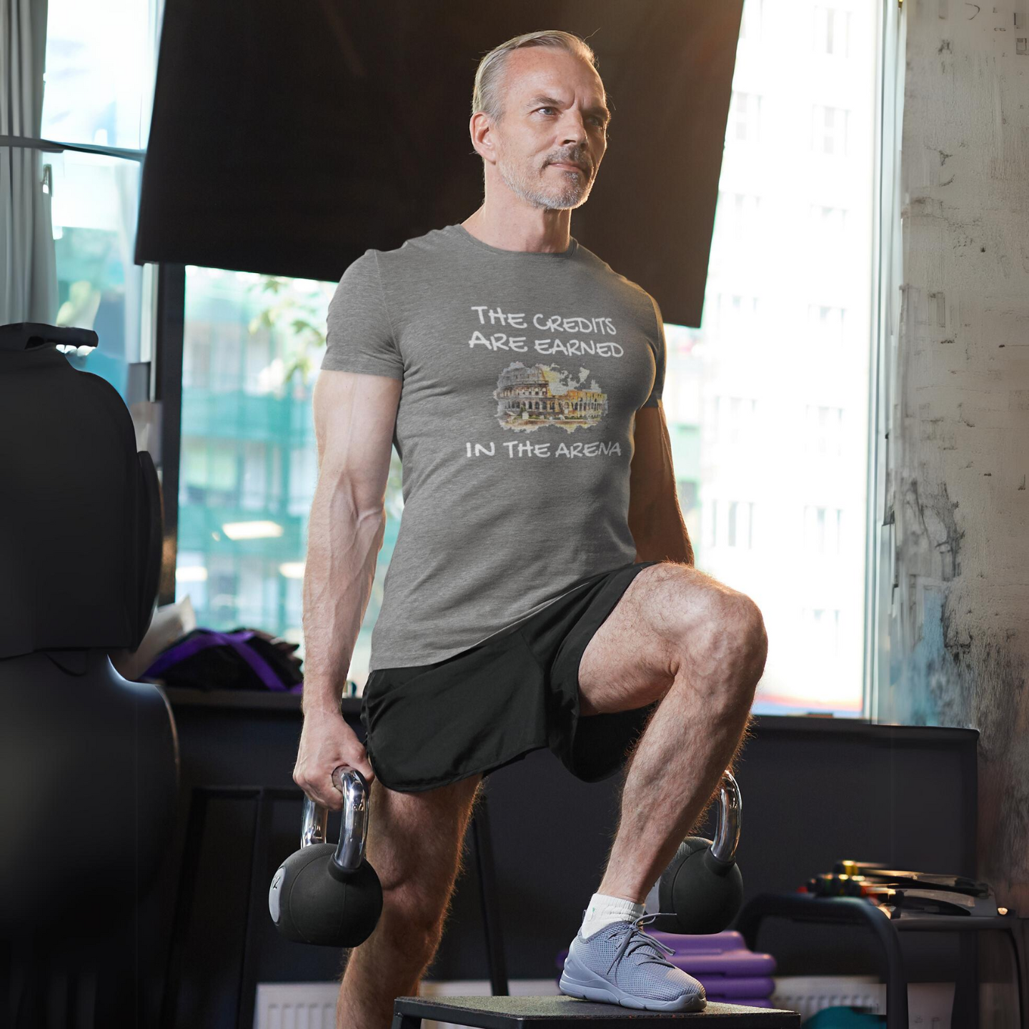 The credit are earned by participating in the arena as by daring greatly motivational gym shirt on a middle aged man working out at the gym