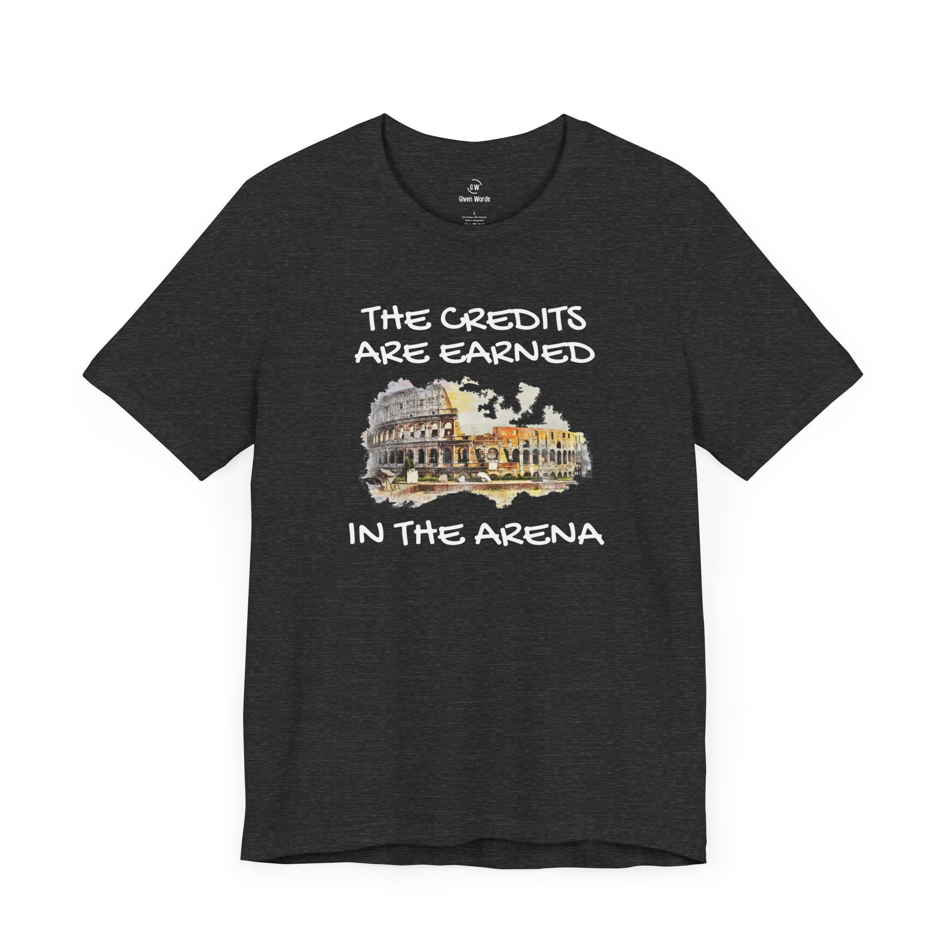 Credits are earned in the Arena Workout graphic tee in dark grey heather almost black color displayed by Given Words Gym Shirts