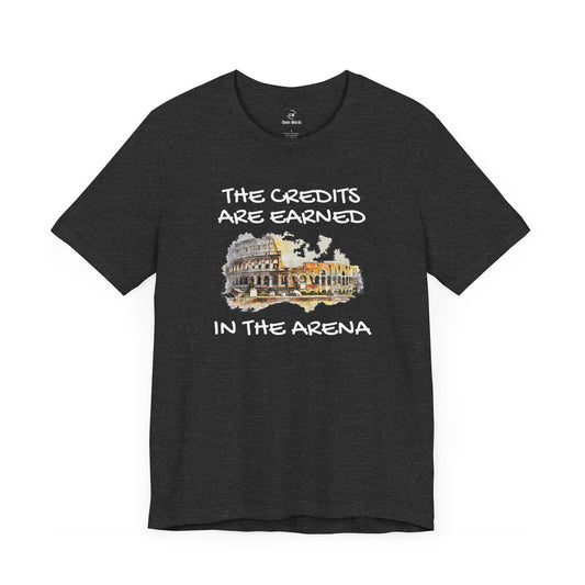 Credits are earned in the Arena Workout graphic tee in dark grey heather almost black color displayed by Given Words Gym Shirts