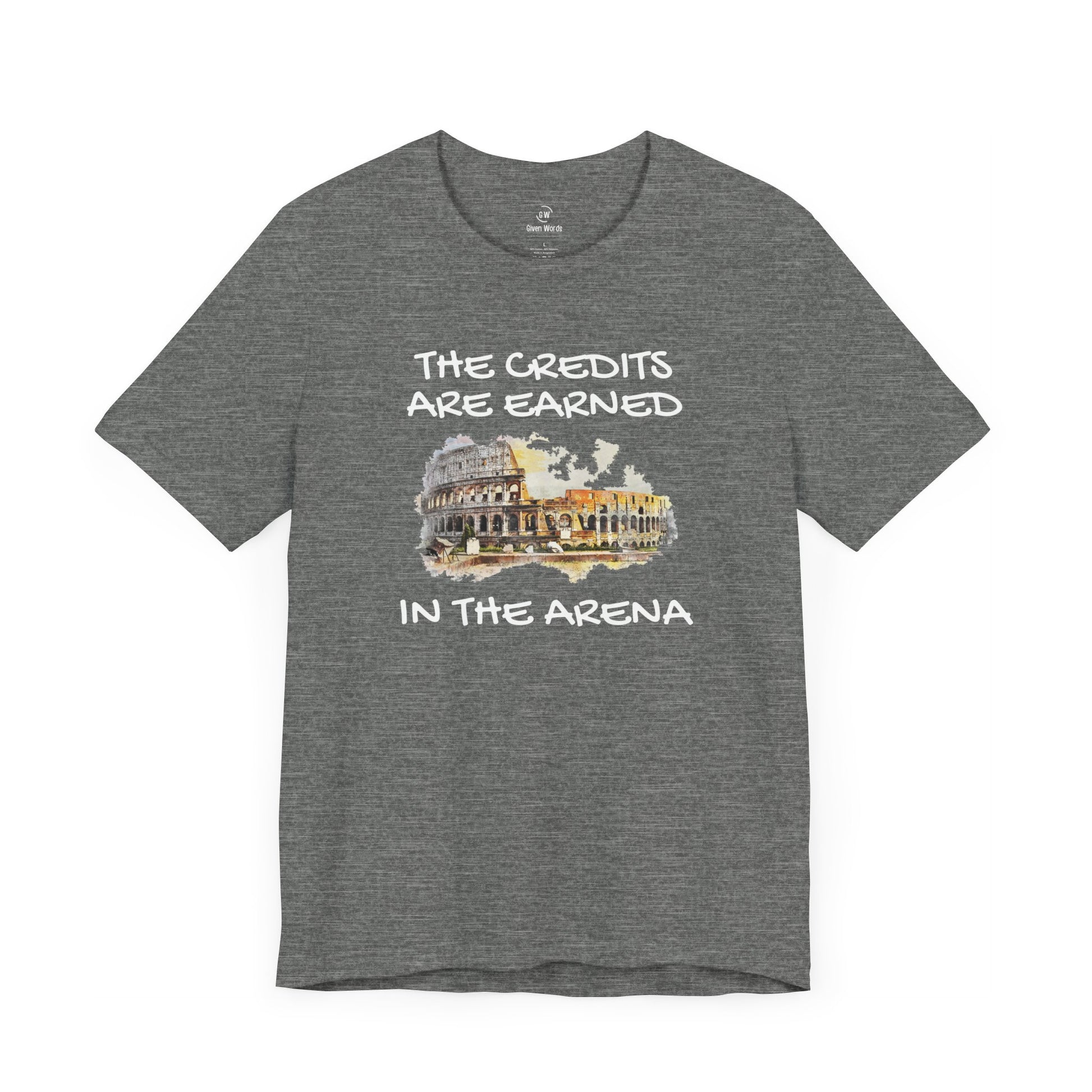 Credits are earned in the Arena Motivational gym shirt in deep heather grey posted by Given Words Gym Shirts