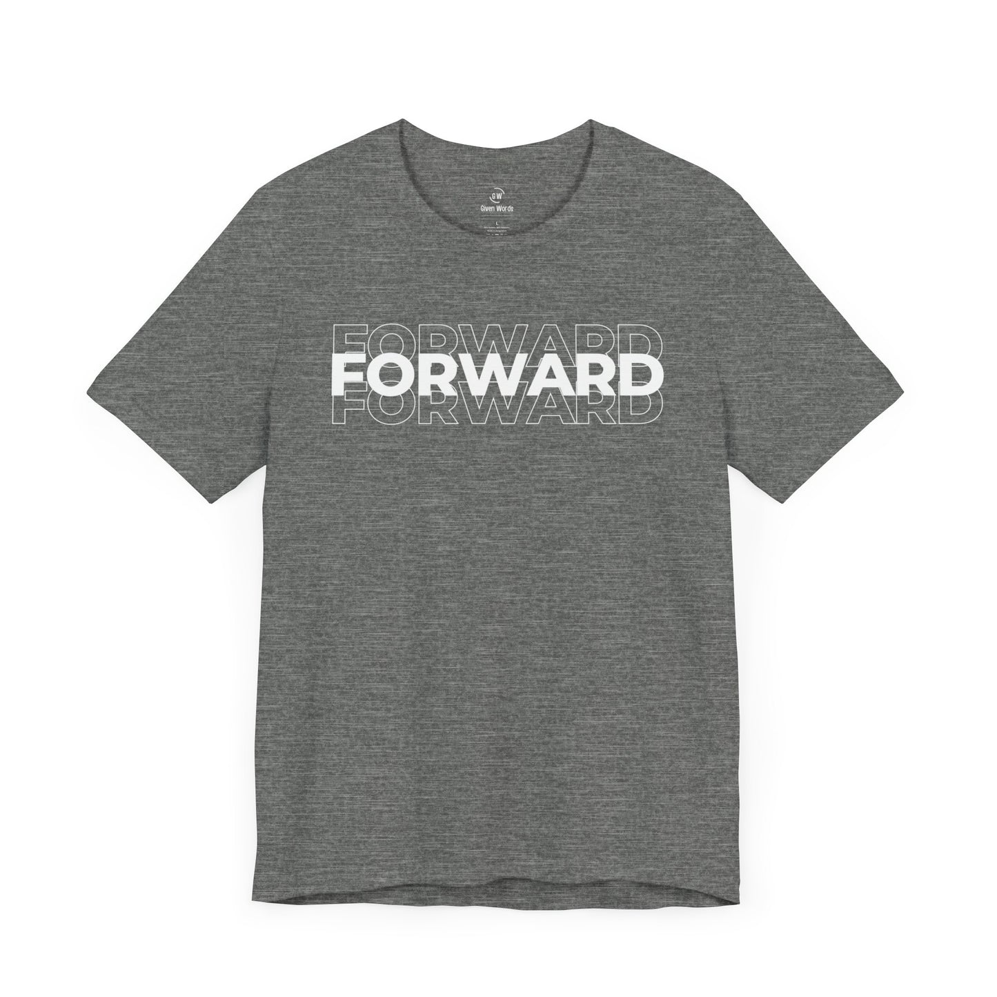 Motivational gym shirt with the word Forward written on it in big bold letters, shirt on deep heather grey color with white letters