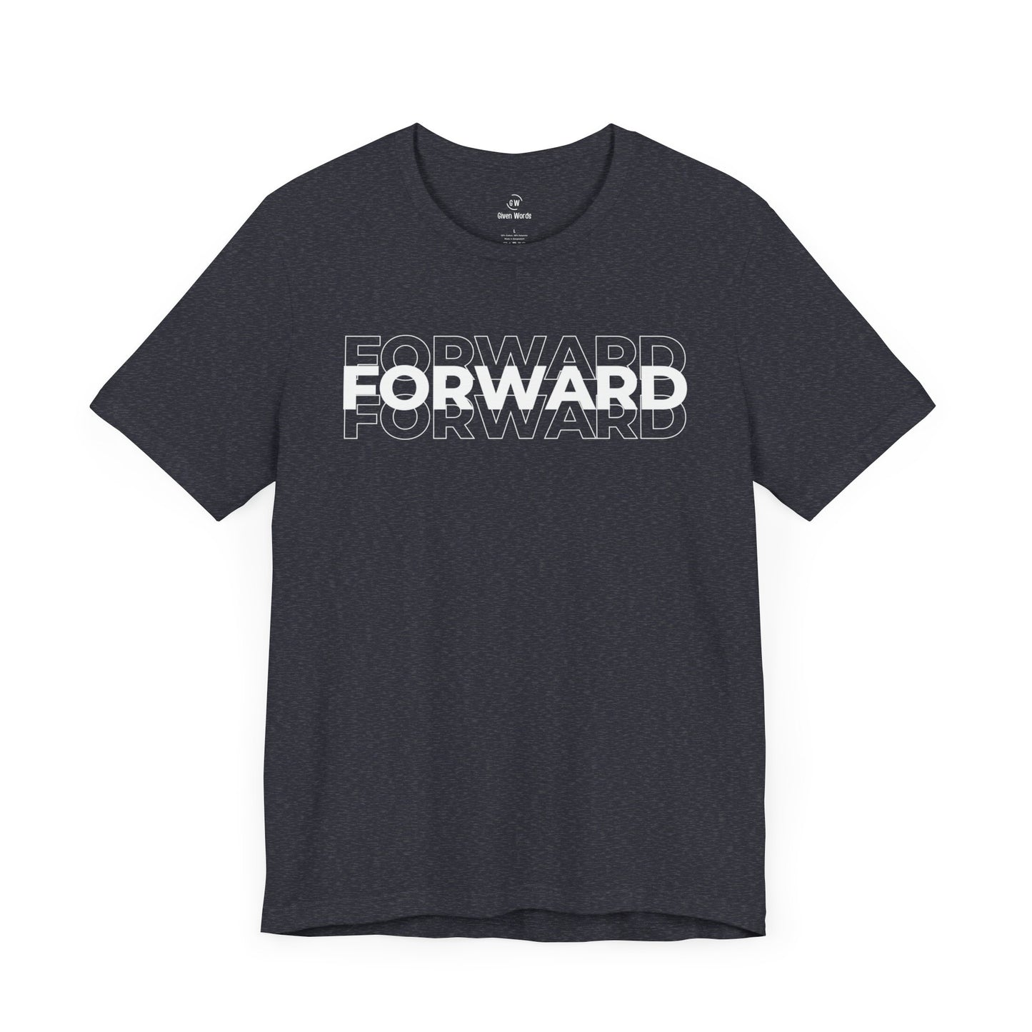 Motivational workout shirt with the word Forward written on it in big bold letters, shirt on dark grey heather almost black color with white letters