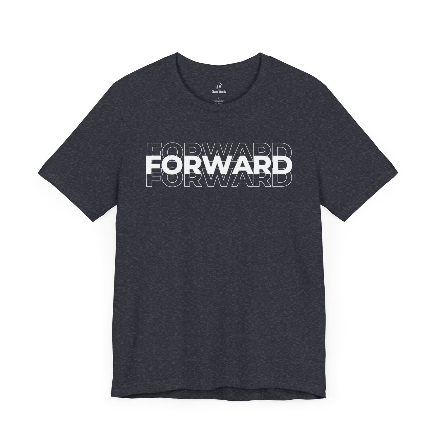 Motivational workout shirt with the word Forward written on it in big bold letters, shirt on dark grey heather almost black color with white letters