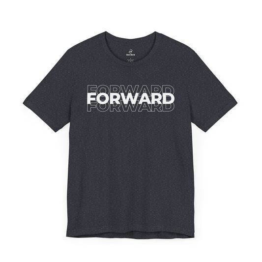 Motivational workout shirt with the word Forward written on it in big bold letters, shirt on dark grey heather almost black color with white letters