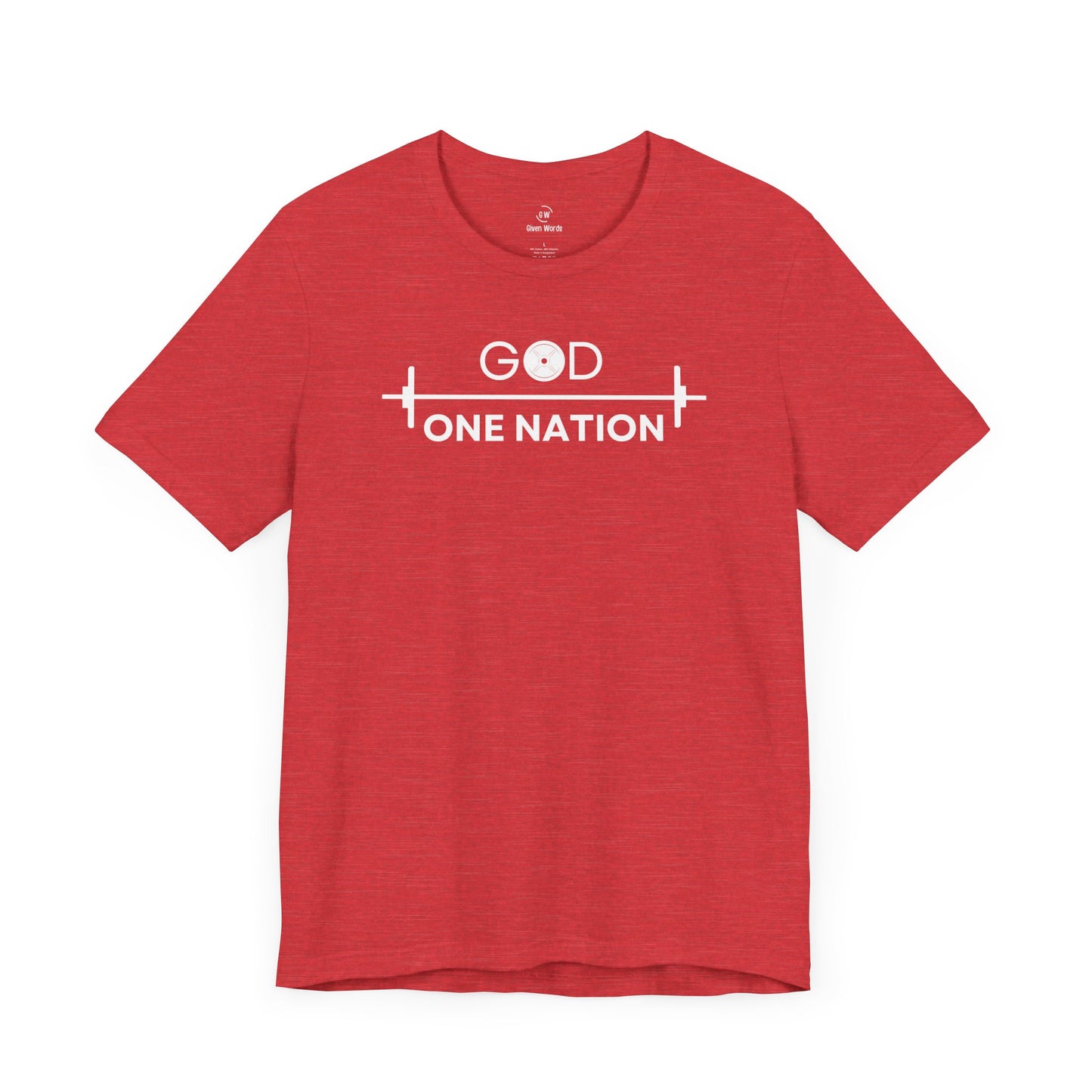 Graphic workout shirt for the gym with bold letters that read God One Nation in white and a barbell icon, shirt in heather red color