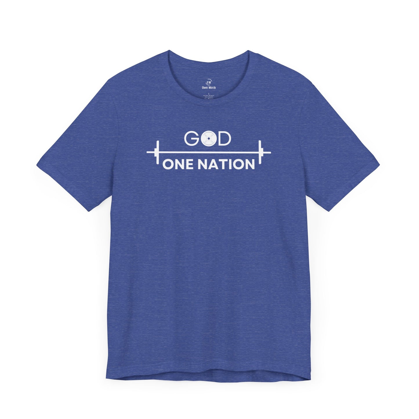 Royal Blue motivational gym Workout shirt with white text God One Nation and a barbell graphic also in white.