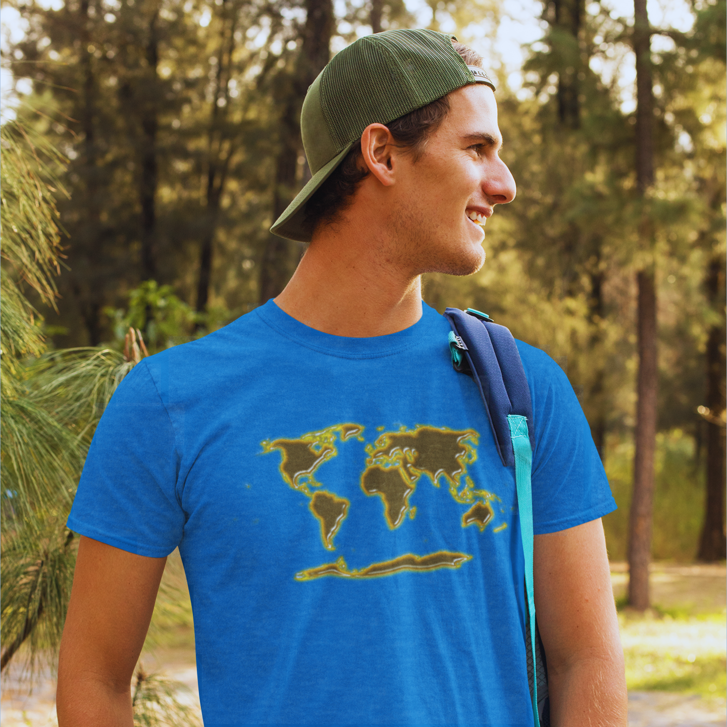 Motivational workout shirt with a golden world map travel graphic worn by a man exercising outdoors