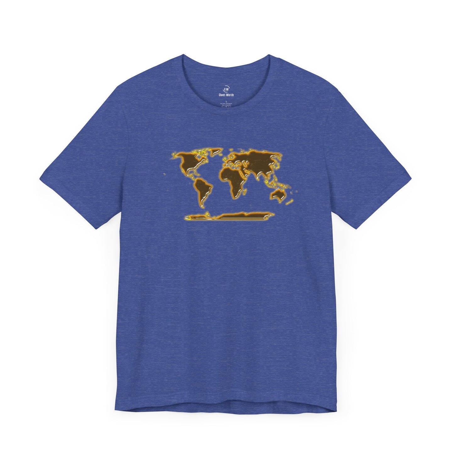 Motivational gym shirt with a golden world map is perfect for working out for fitness adventurous traveler in heather royal blue displayed by given words gym shirts