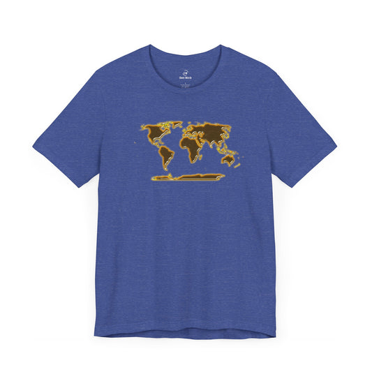 Motivational gym shirt with a golden world map is perfect for working out for fitness adventurous traveler in heather royal blue displayed by given words gym shirts