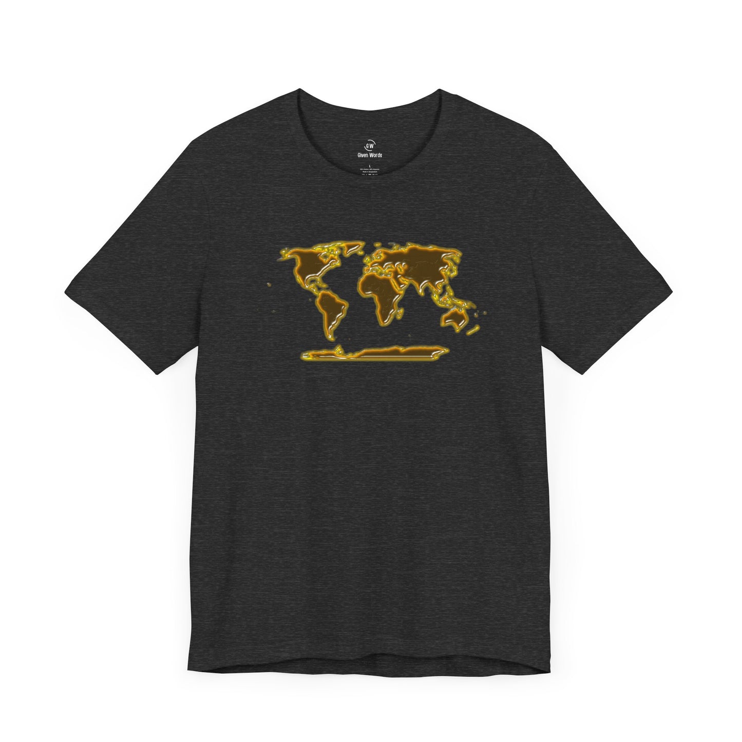 Motivational workout graphic tee with a golden world map is perfect for working out for the fitness traveler in dark grey heather almost black color