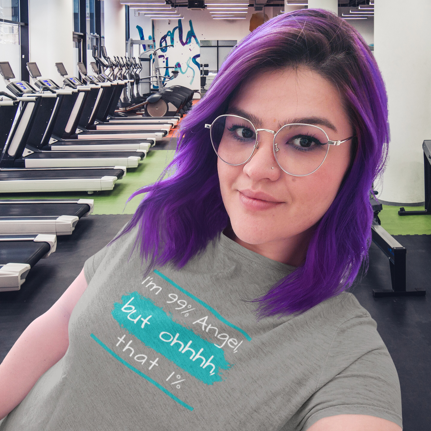 Gym-t-shirt-with-wording-99-Percentage--Angel-But-That-1-Percentage-on-a-woman-with-purple-hair-taking-a-selfie
