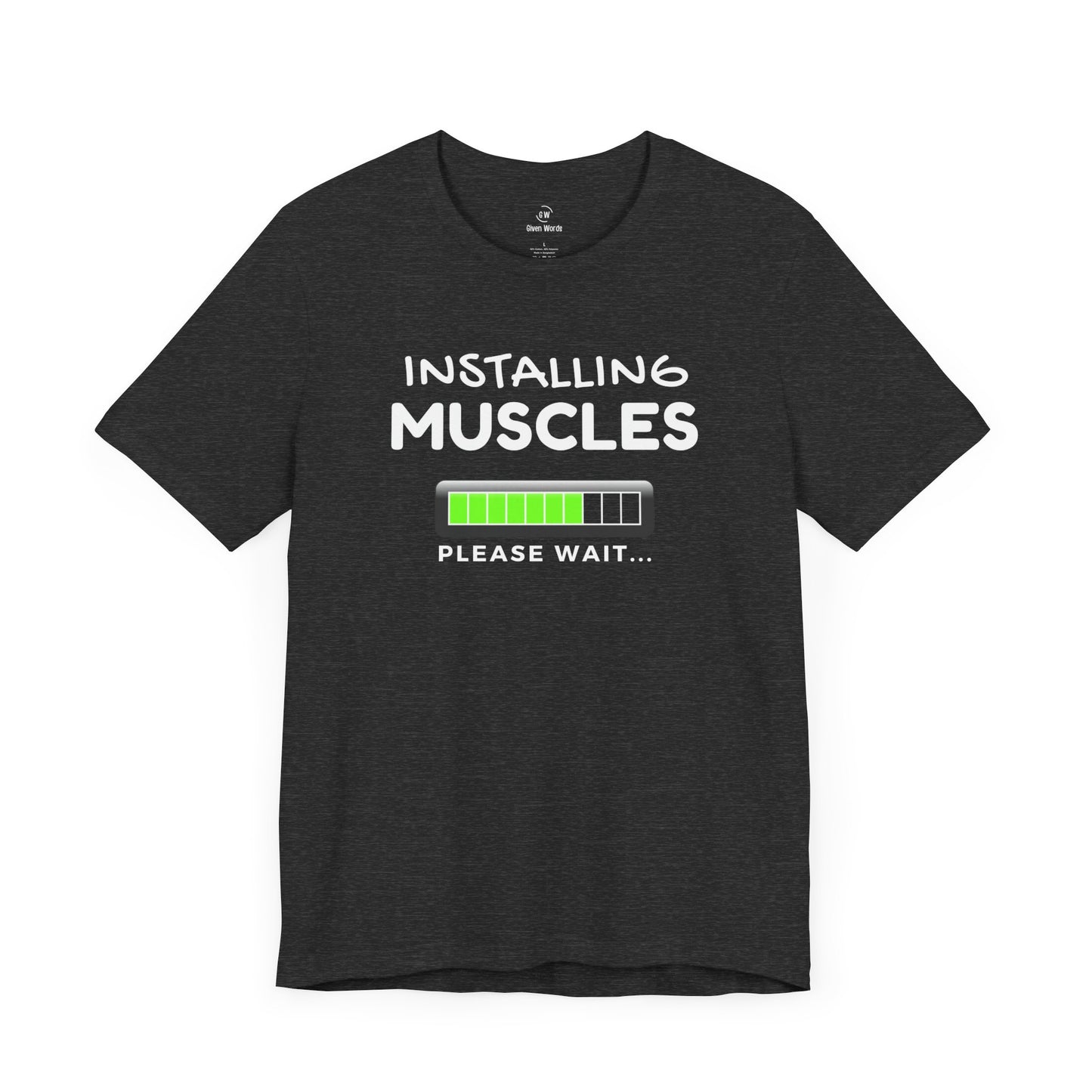 Funny gym shirt with text installing muscles please wait - color shirt dark grey heather almost black