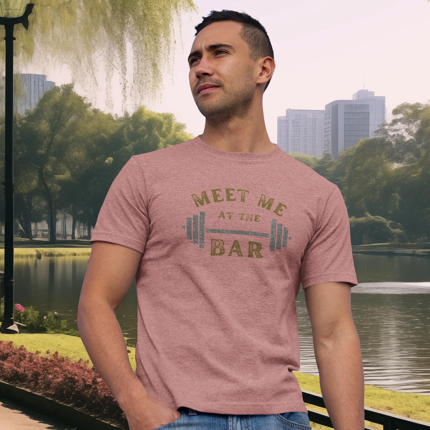 Funny gym shirt with text meet me at the bar worn by a middle age man in the park, color shirt mauve like rose gold, darker than pink and lighter than red
