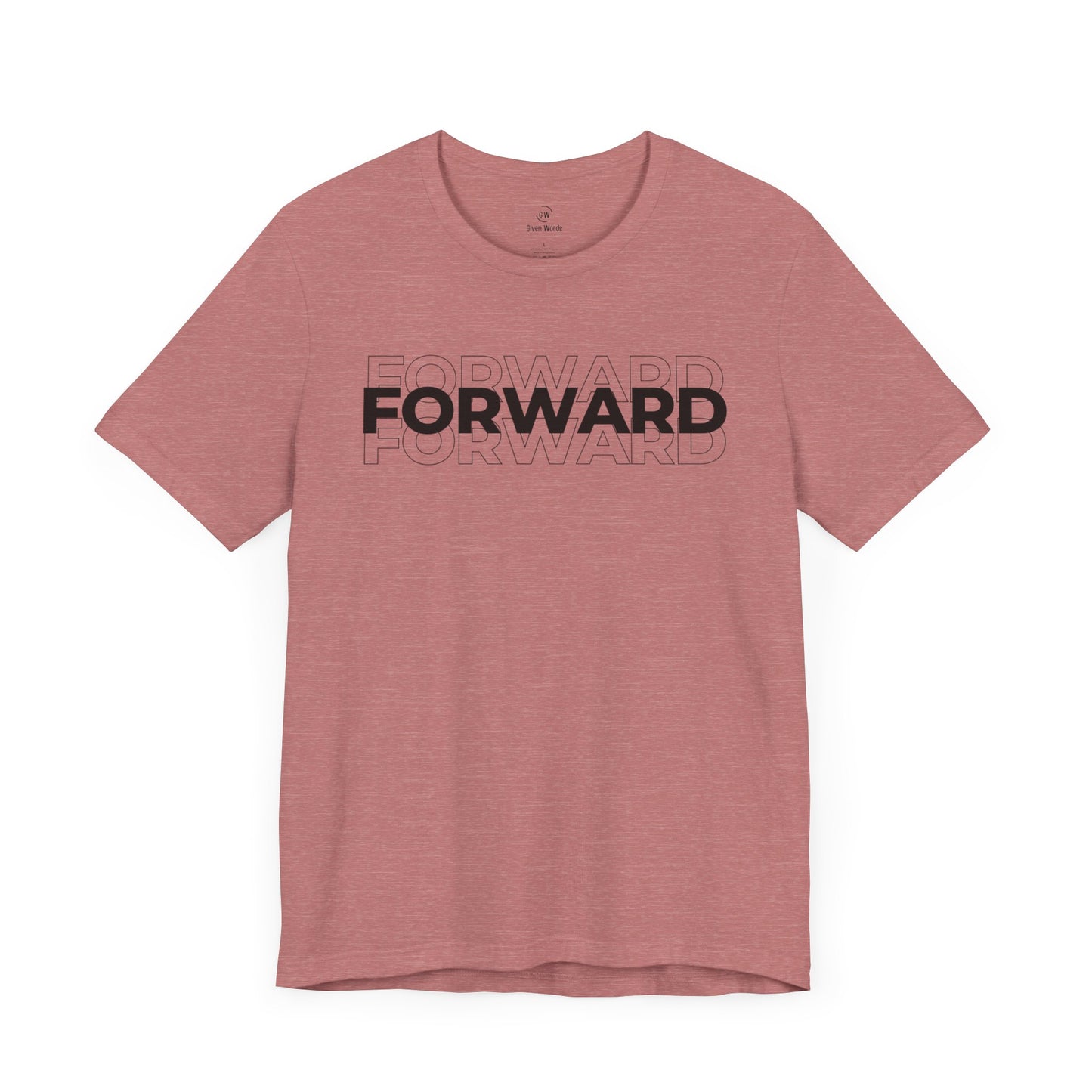 Motivational workout graphic tee with the word Forward written on it in big black bold letters, shirt on heather mauve pink pale purple like or rose gold color