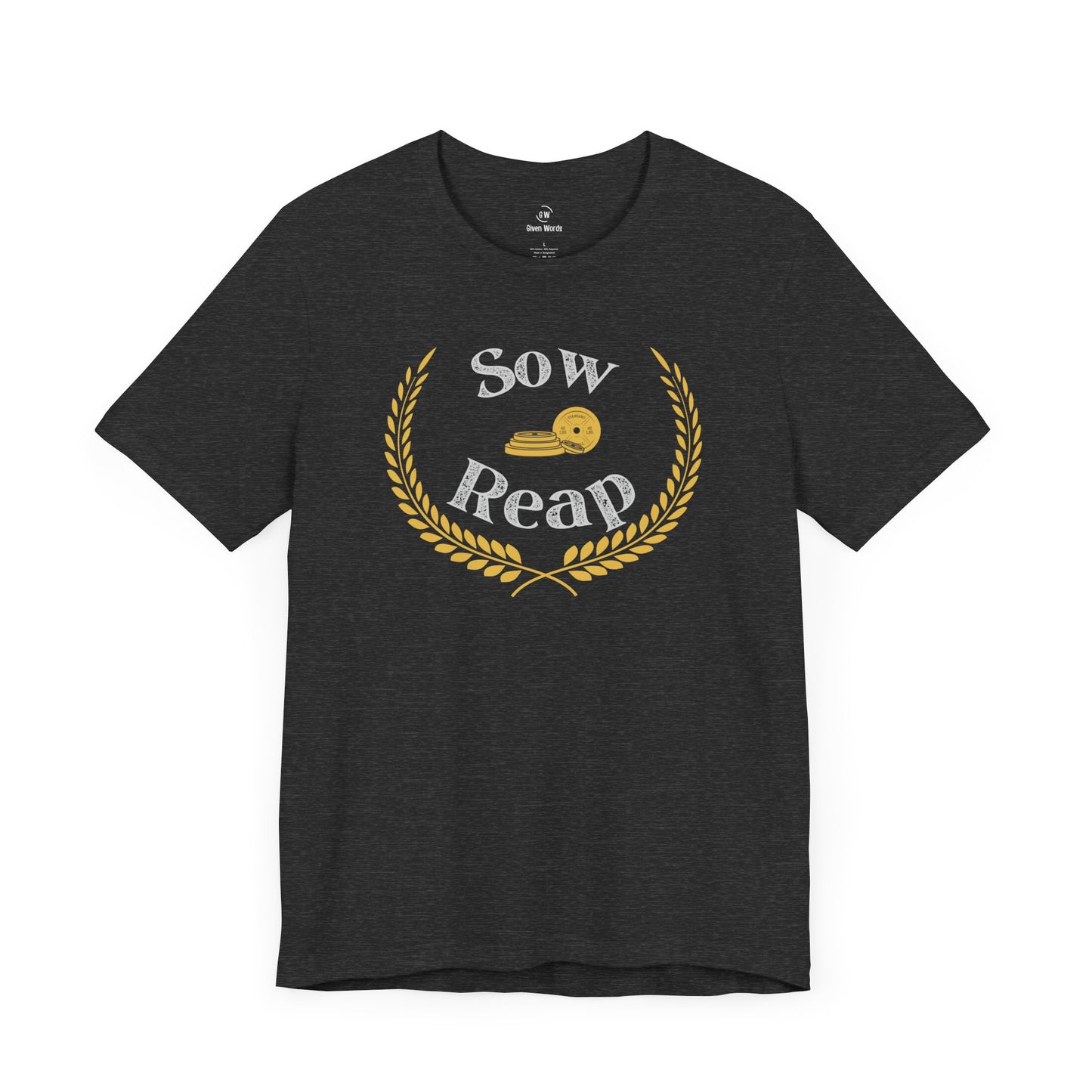 Motivational lifting shirt dark grey heather almost black with text Sow and Reap and graphic workout gym plates with golden victory laurel wreath