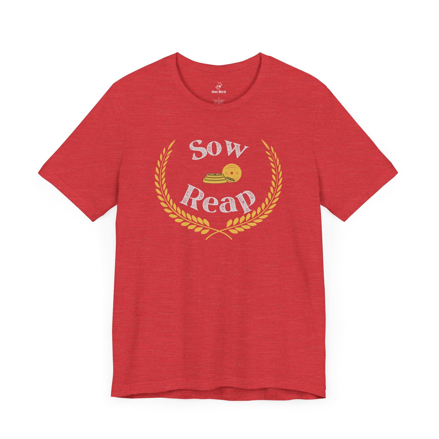Motivational gym shirt heather red with text Sow and Reap and graphic gym plates and golden victory laurel wreath
