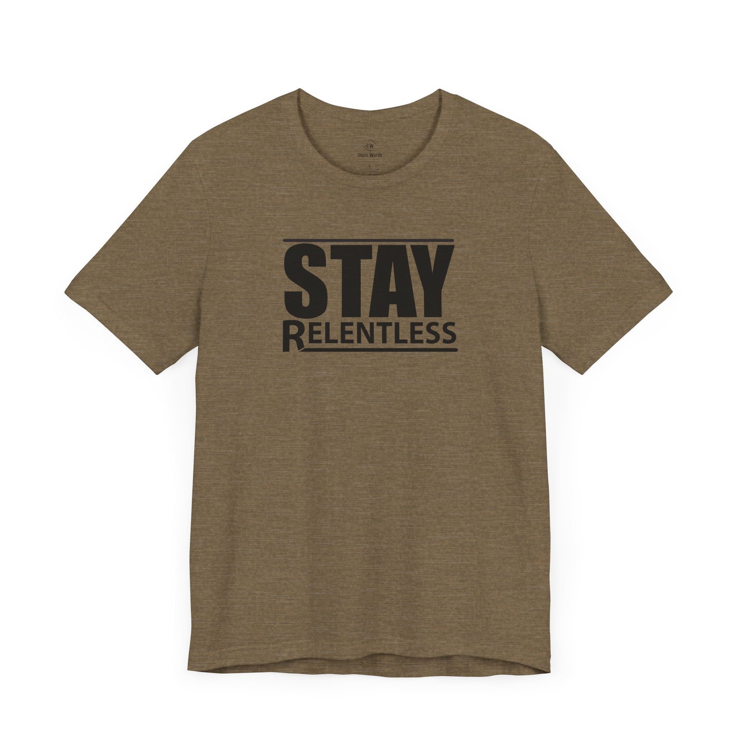 Motivational gym shirt with text Stay Relentless on Heather olive military green color by given words workout shirts