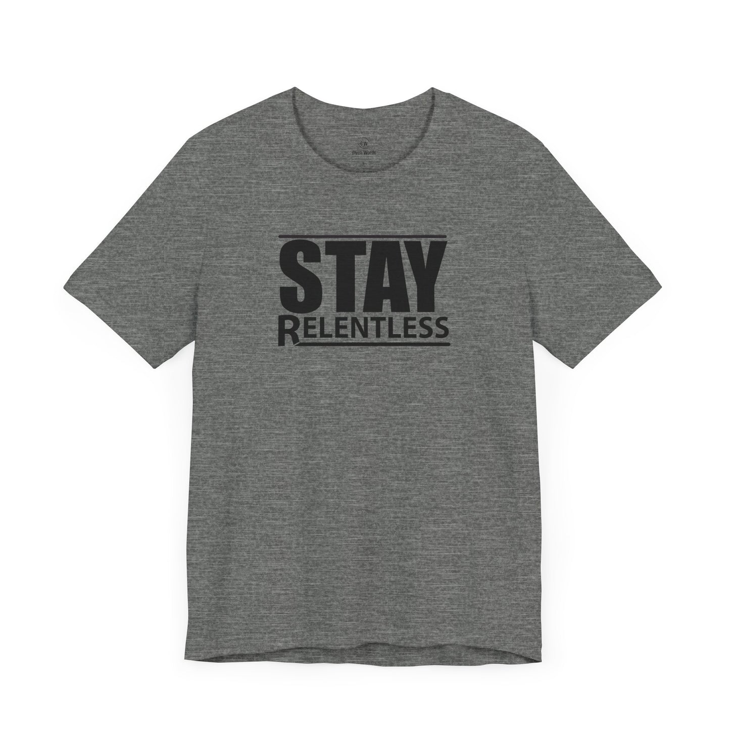 Motivational gym shirt Stay Relentless in deep heather grey color givenwords.com gym shirts product display