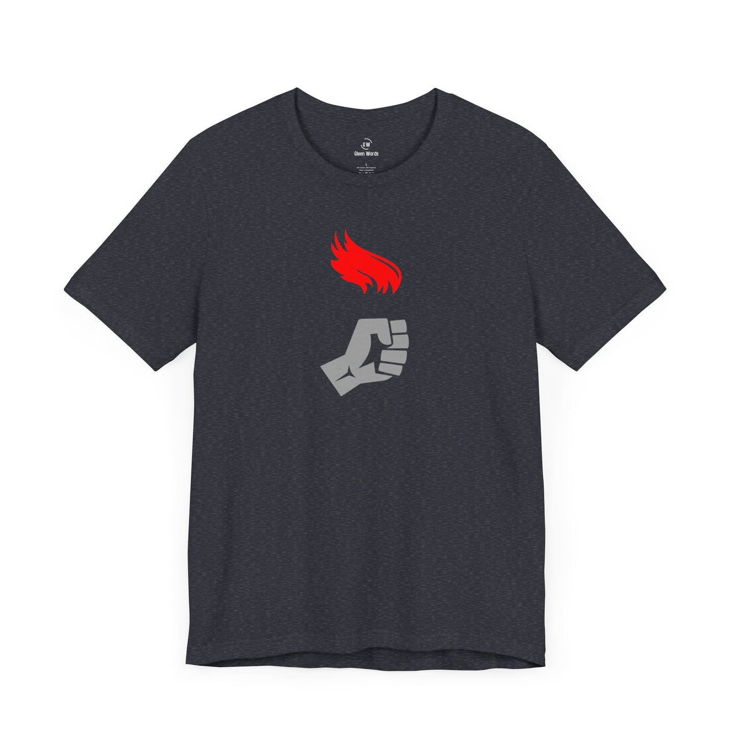 Torchbearer workout graphic tee for a motivational gym session, shirt on heather navy blue with red flame
