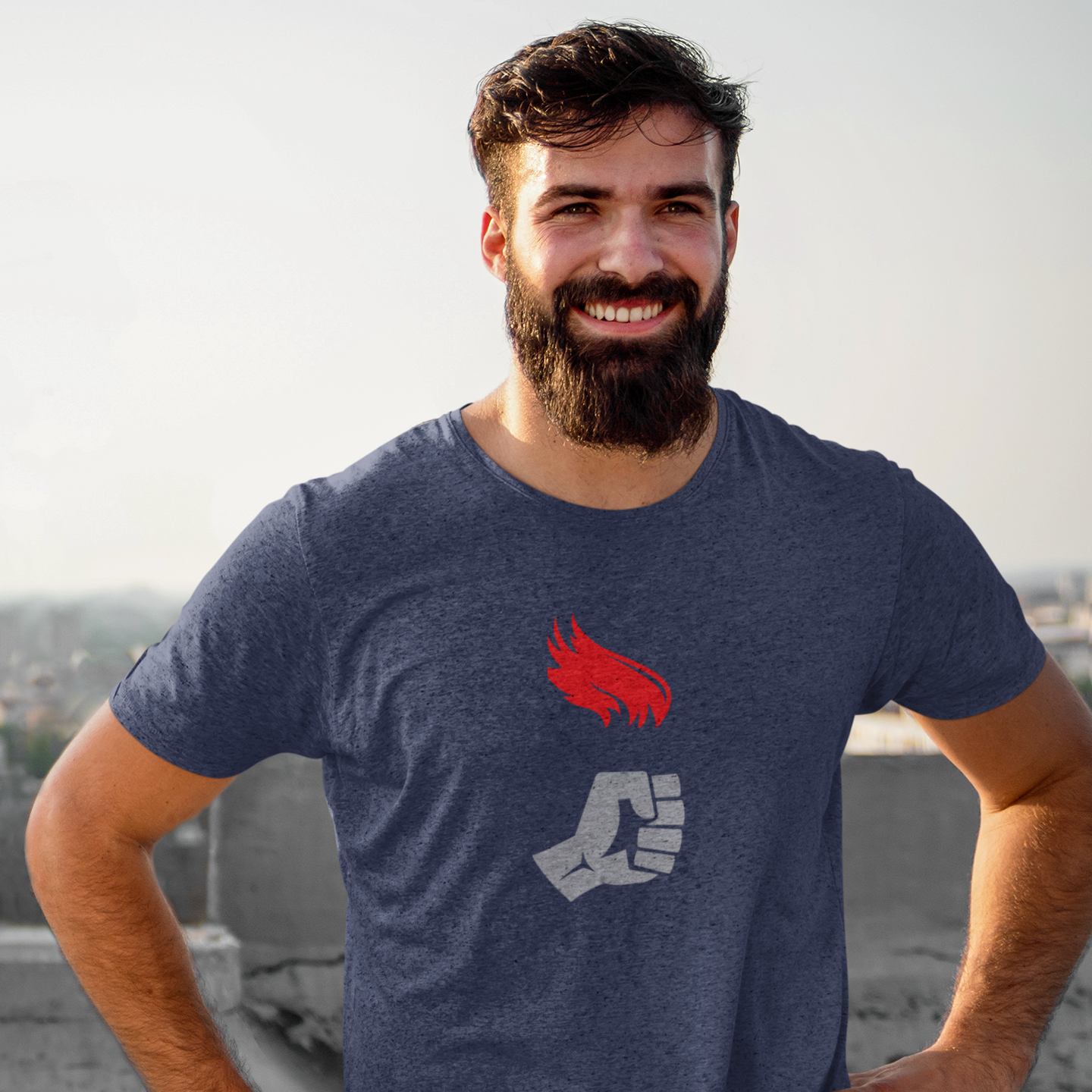 Torchbearer motivational gym shirt worn by a man exercising and smiling