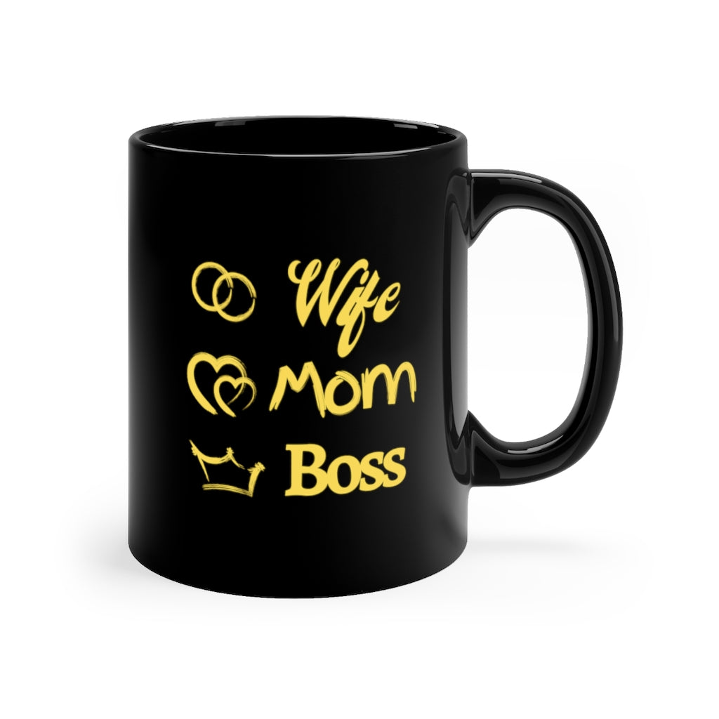 Words of encouragement Wife Mom Boss printed on black coffee mug