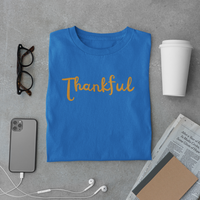Positive Message T-Shirt with the word Thankful in bold orange