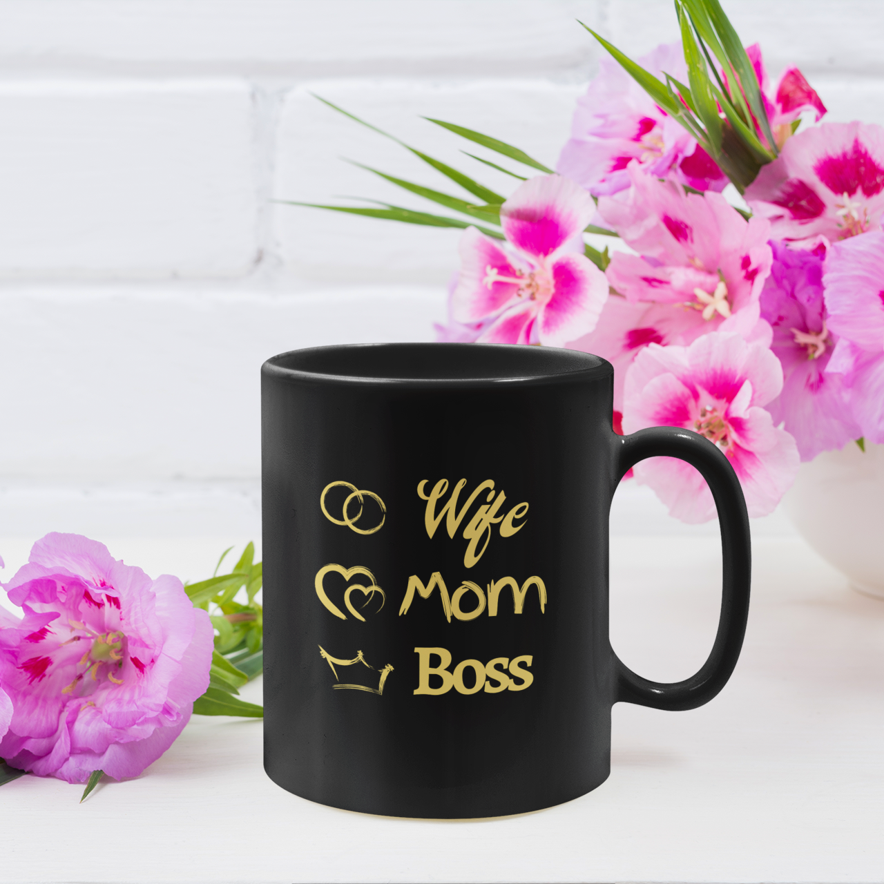 Motivational Mugs with the words Wife Mom Boss - morning affirmations mug gift ideas