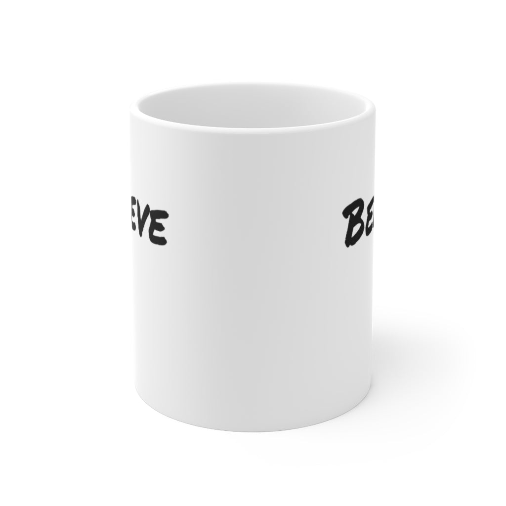 Make it a great day motivational coffee mugs with the word Believe