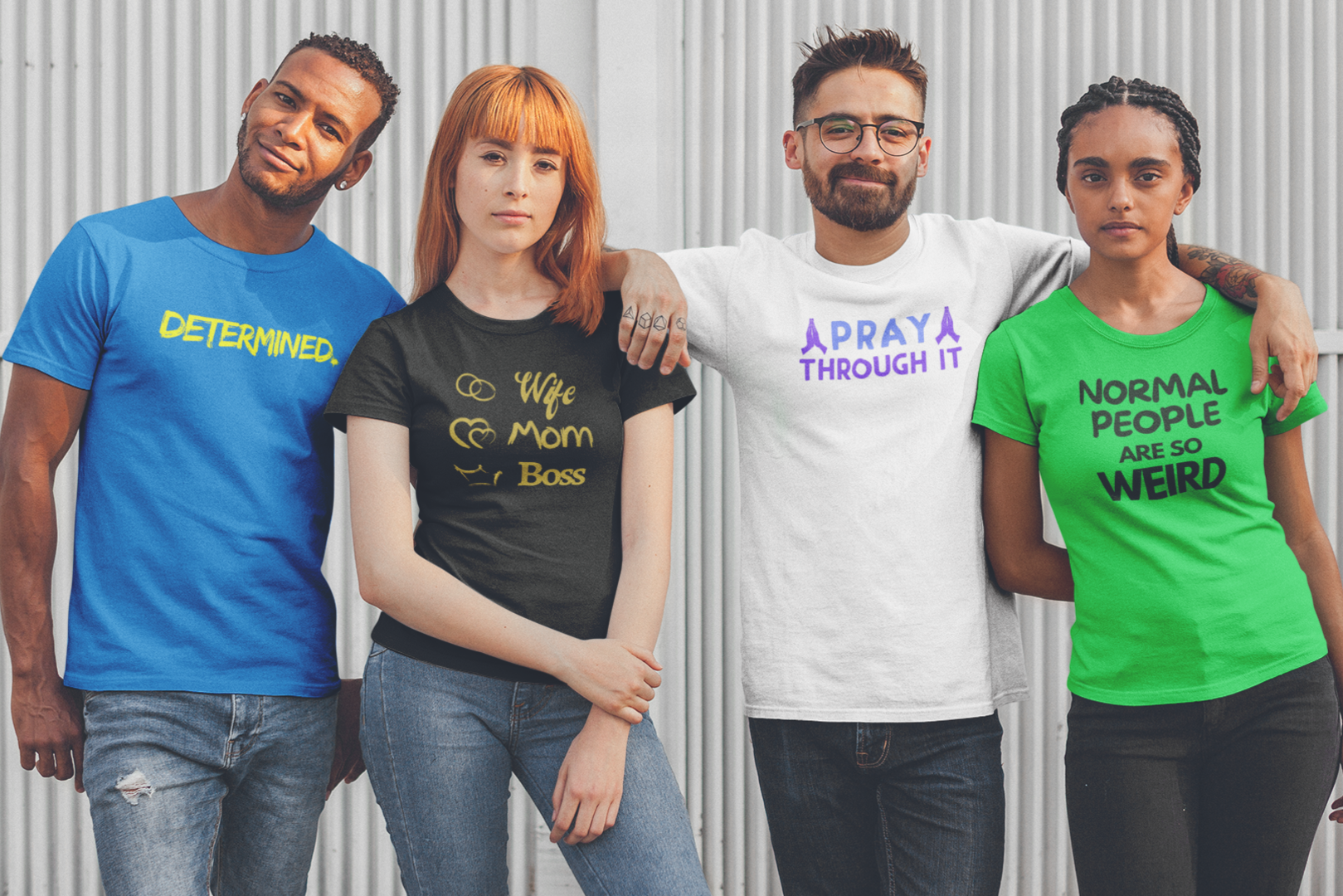 Empower gym workout t-shirts group of four people display